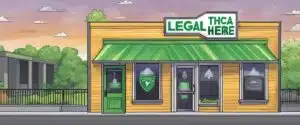 A sign outside a Tennessee store reads "THCA legal here" with a green checkmark