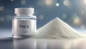 THCA powder sits in a glass vial, sparkling under the light. It is a fine, white powder with a crystalline texture, resembling sugar or salt