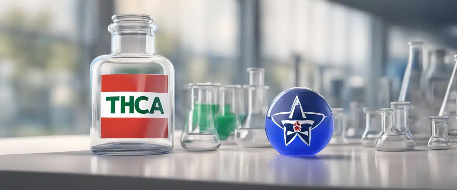 Is THCA Legal in Utah: State Laws and Regulations Overview 1 THCA molecule in a clear, glass vial on a clean laboratory table with a Utah state flag in the background