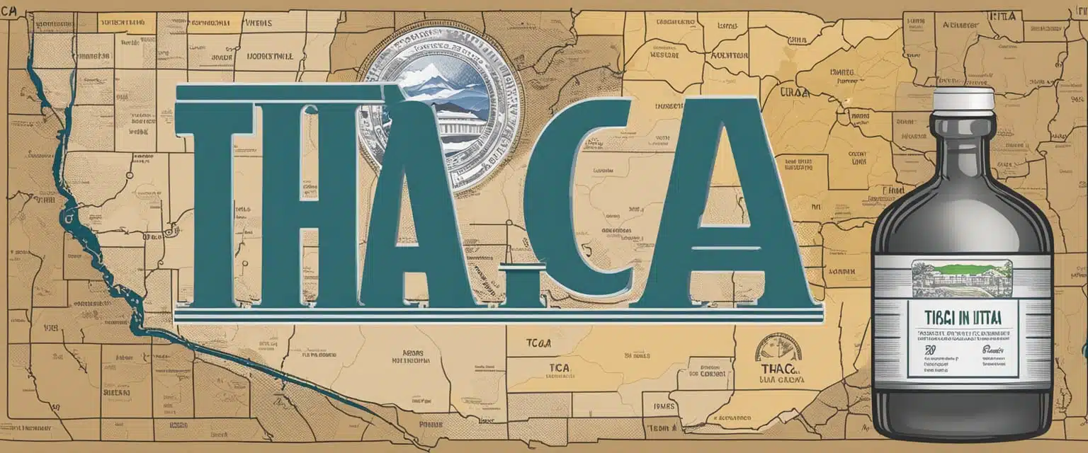 Is THCA Legal in Utah: State Laws and Regulations Overview 2 THCA labeled as legal in Utah. Show a bottle with THCA and a Utah state map in the background
